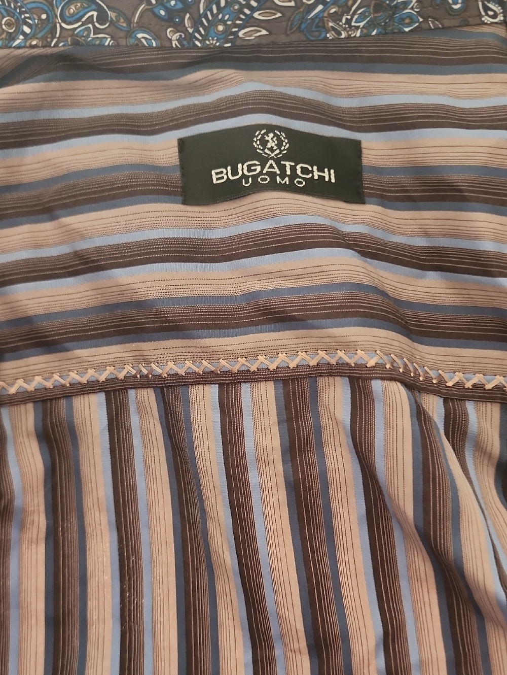 Bugatchi Uomo Blue and Brown Striped Dress Shirt